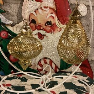 Vintage Pair Metal Gold Tone Wire Mesh  Christmas Ornaments Taiwan